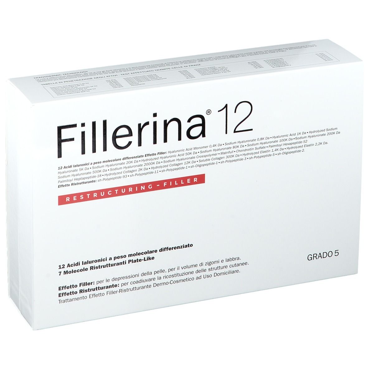 Verpackung von Fillerina 12. Weißer Karton mit Produktnamen und Text. Grad 5.