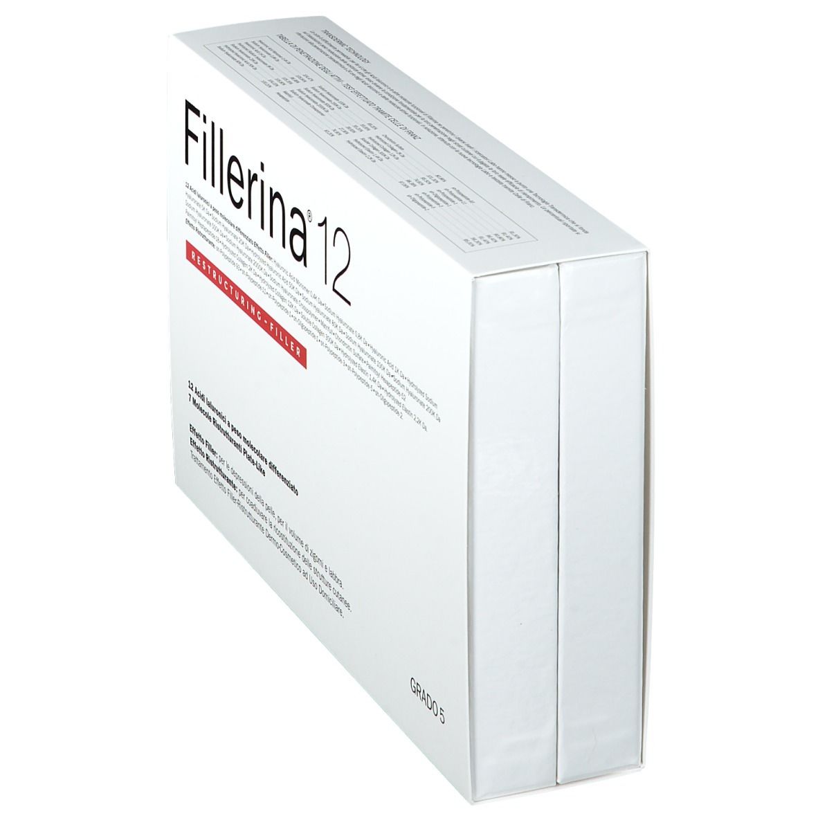 Fillerina 12 Verpackung, schräg. Weißer Karton mit Produktnamen und Text. Grad 5.