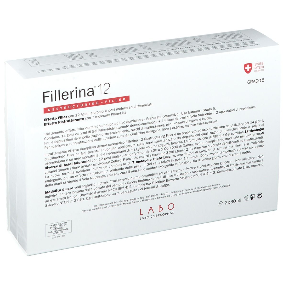 Fillerina 12 Verpackung, Rückseite. Weißer Karton mit Text und Swiss Patent.