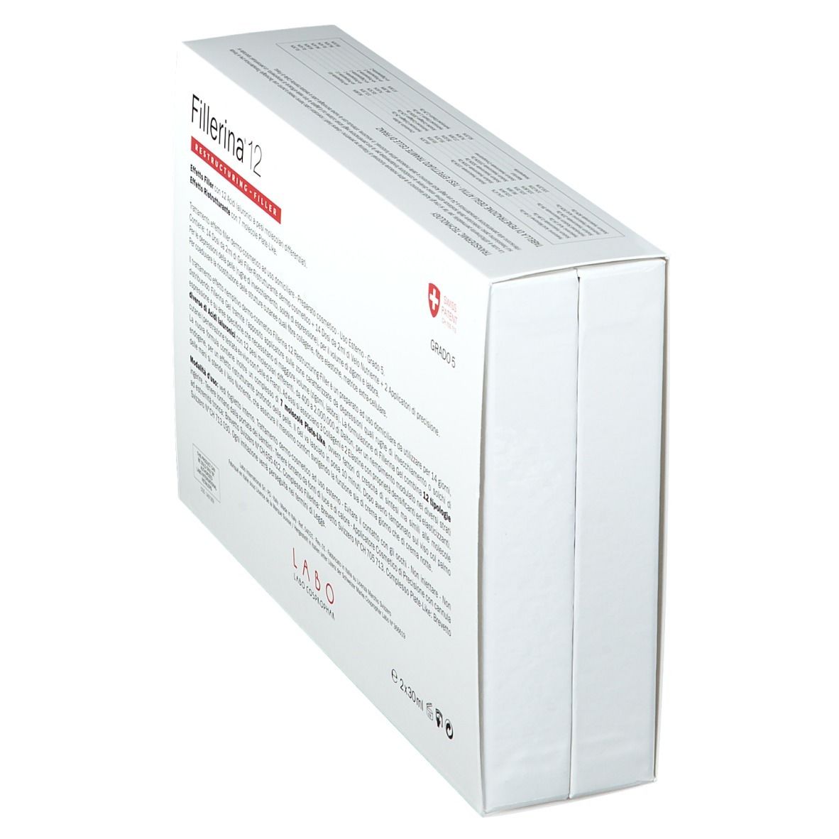 Fillerina 12 Verpackung, schräg. Weißer Karton mit Text und Swiss Patent.