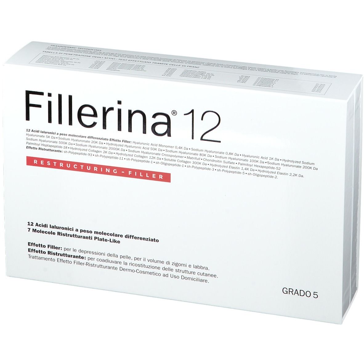 Fillerina 12 Verpackung. Weißer Karton mit Produktnamen und Text. Grad 5.