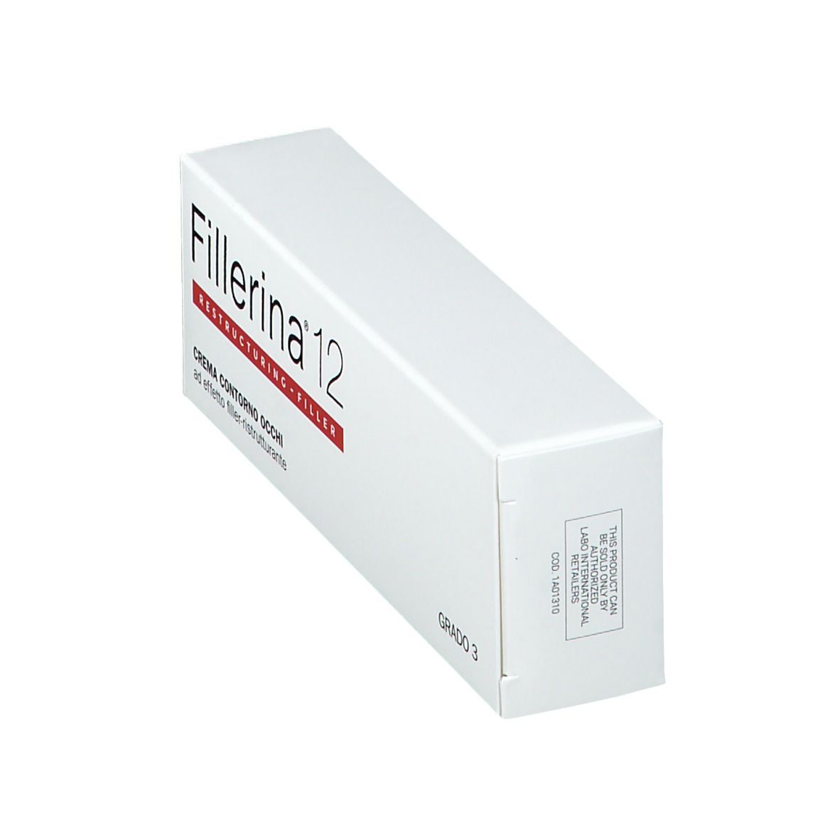 Boîte blanche avec texte Fillerina 12, Restructuring Filler, Crème Contorno Occhi, Grad 3.