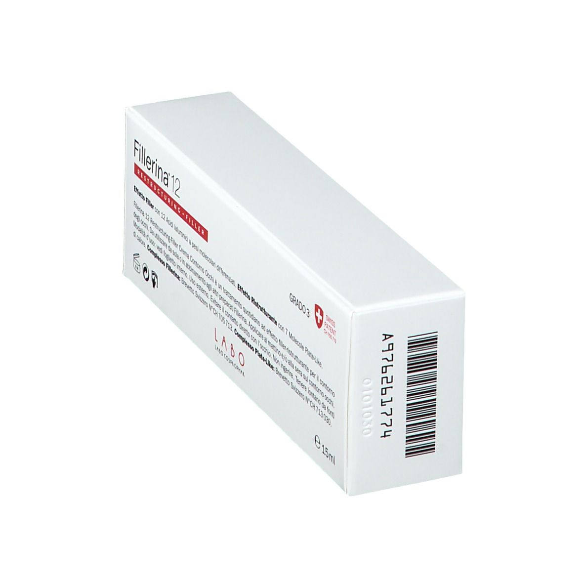 Boîte blanche avec texte Fillerina 12, Restructuring Filler, Crème Contorno Occhi, Grad 3, et code-barres.