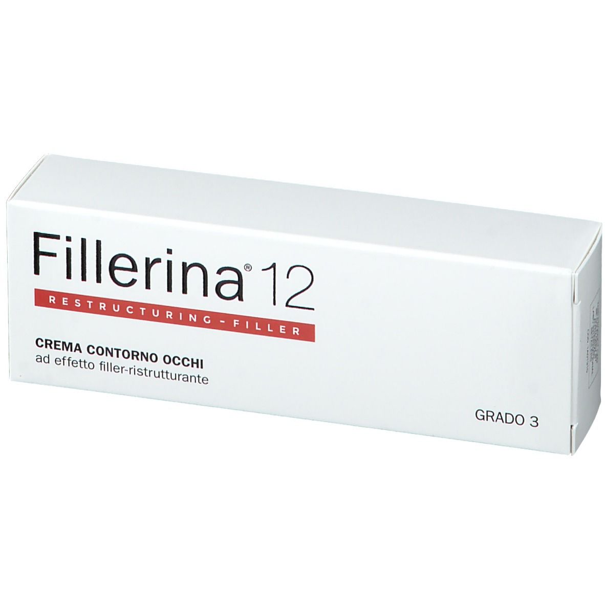 Boîte blanche avec texte Fillerina 12, Restructuring Filler, Crème Contorno Occhi, Grad 3.