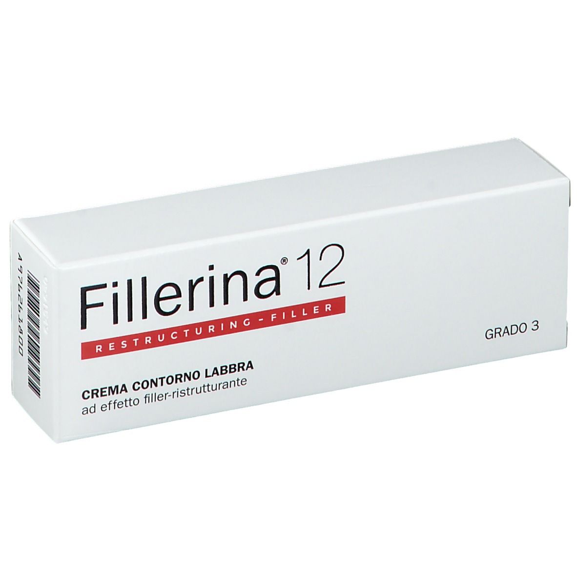 Emballage blanc avec nom du produit et accent rouge. Inscription : CREMA CONTORNO LABBRA.