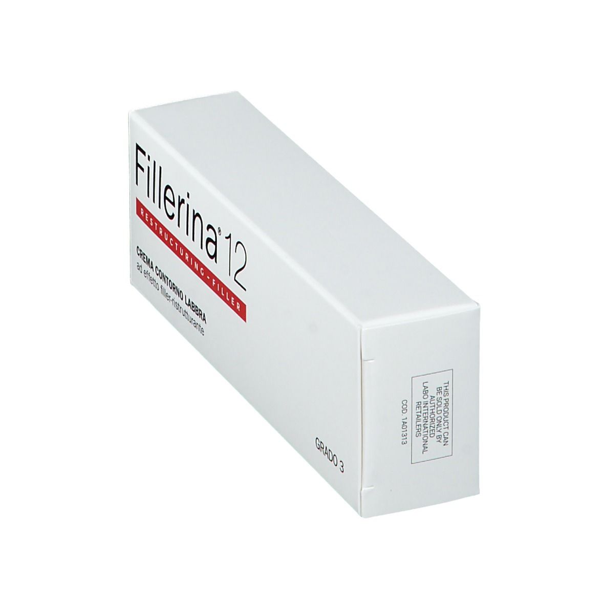 Emballage blanc avec nom du produit et accent rouge. Vue en angle.