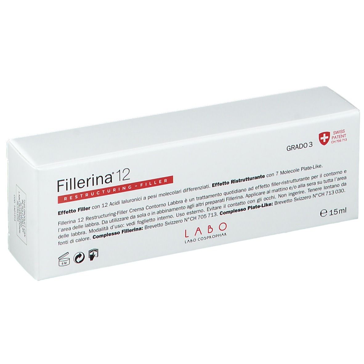 Emballage blanc avec nom du produit et accent rouge. Texte et croix suisse.