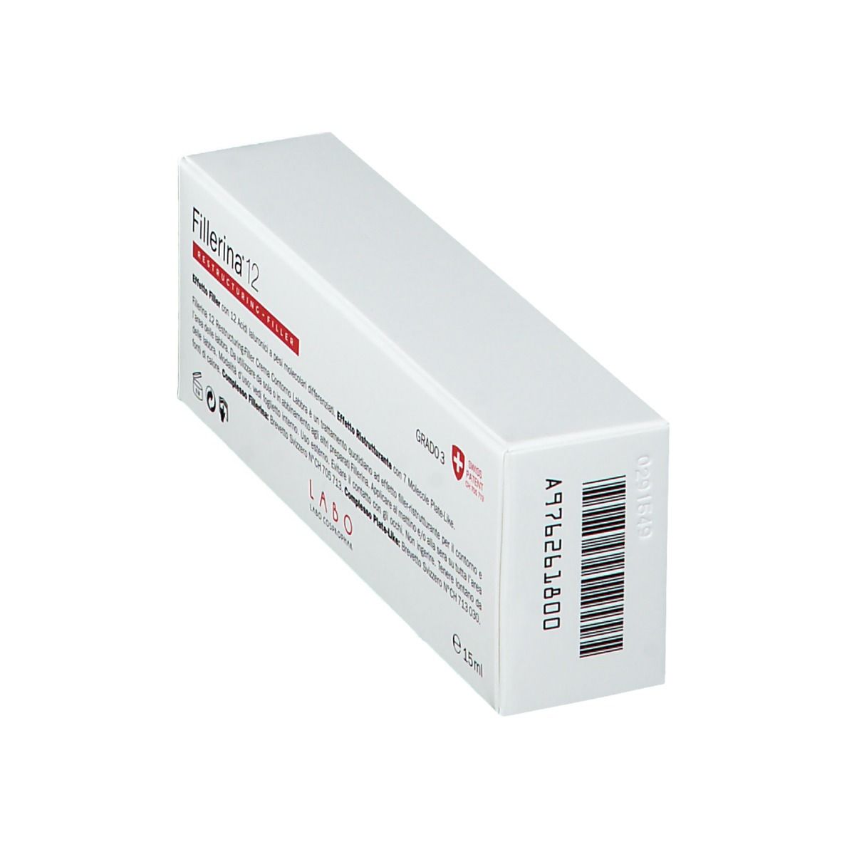 Emballage blanc avec nom du produit et accent rouge. Code-barres et texte.