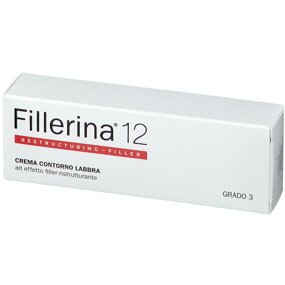 Emballage blanc avec nom du produit et accent rouge. Inscription : CREMA CONTORNO LABBRA.