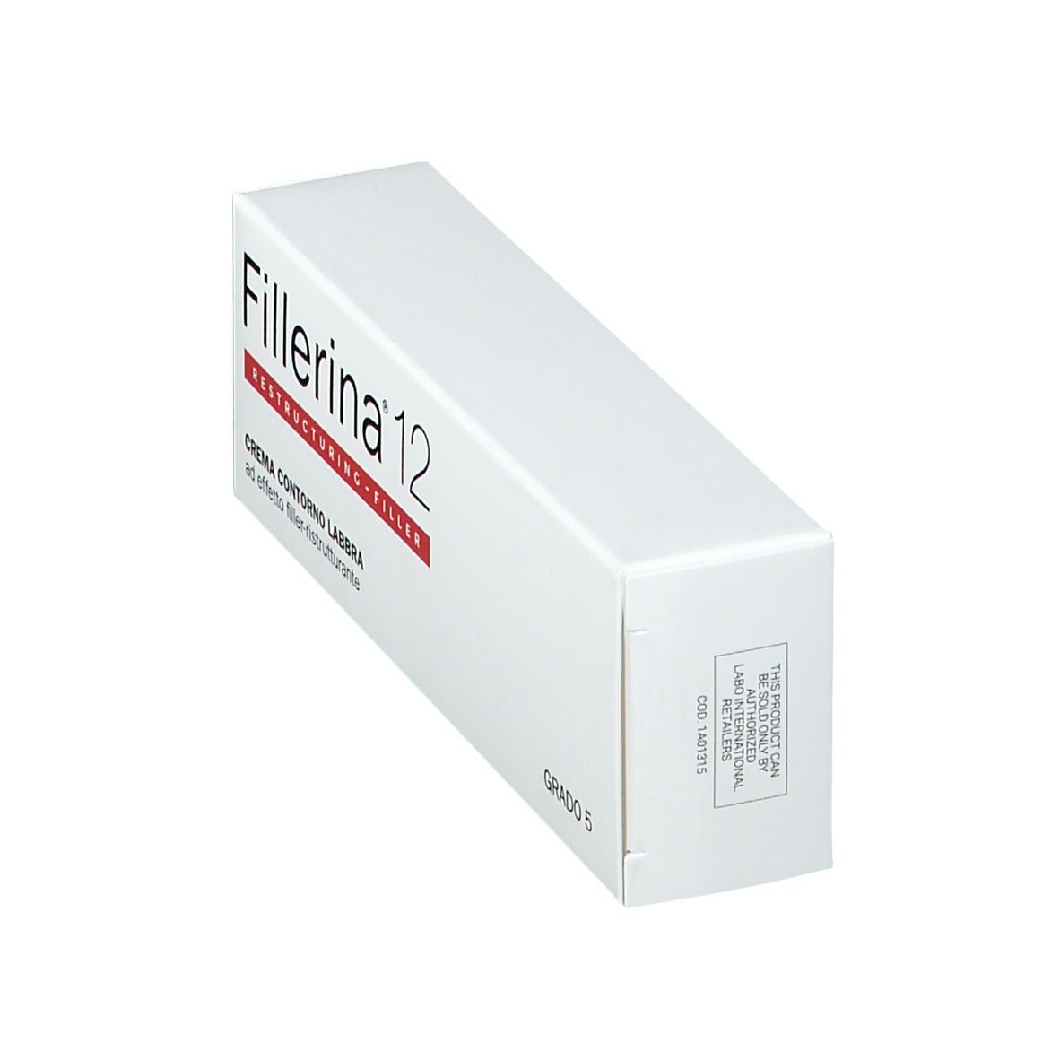 Schräg gestellte weiße Verpackung mit Aufschrift Fillerina 12. Text: Crema Contorno Labbra. Grad 5. Barcode.