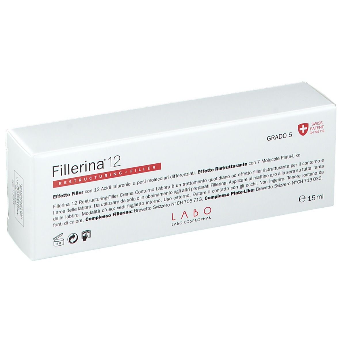 Weiße Verpackung mit Fillerina 12, Restructuring-Filler. Text: Crema Contorno Labbra. Schweizer Kreuz. 15ml.