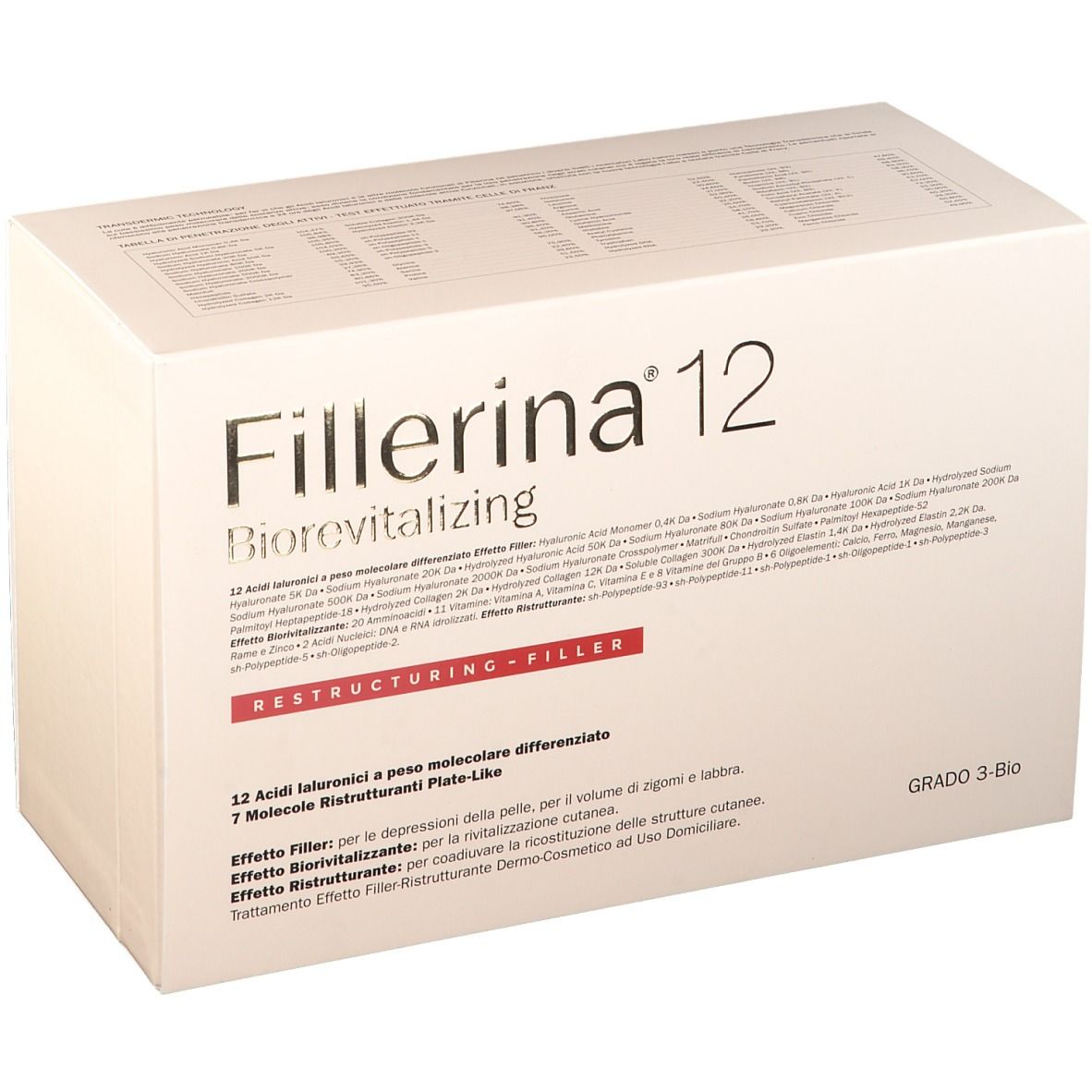 Fillerina 12 Biorevitalizing-Verpackung. Weißer Karton mit Produktinformationen und Logo.