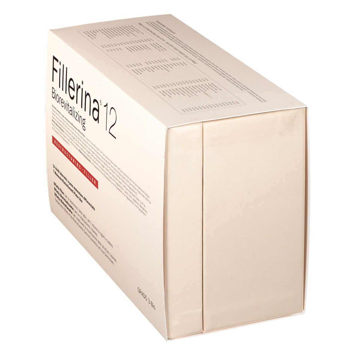 Schrägansicht der Fillerina 12 Biorevitalizing-Verpackung. Weißer Karton mit Text.