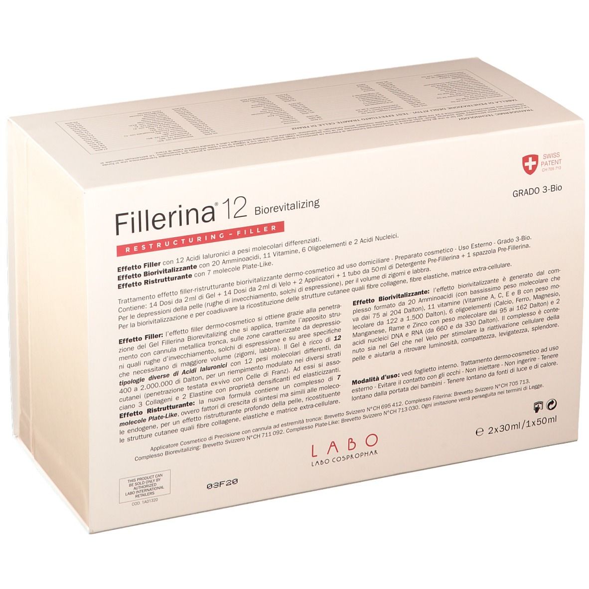 Fillerina 12 Biorevitalizing-Verpackung. Weißer Karton mit Schweizer Kreuz und Text.