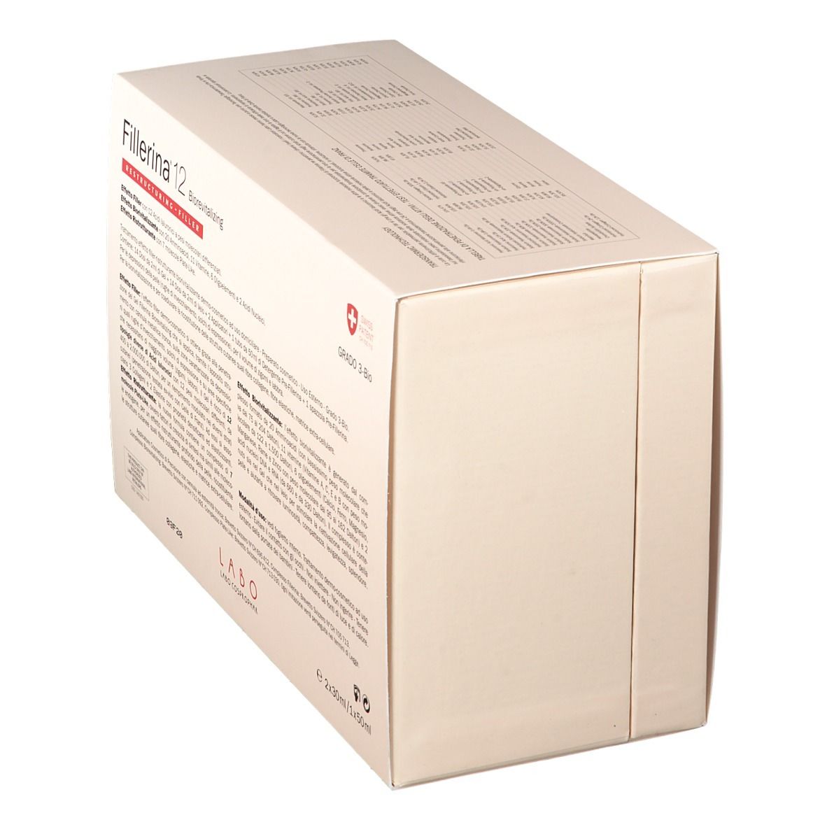 Schrägansicht der Fillerina 12 Biorevitalizing-Verpackung. Weißer Karton mit Text.