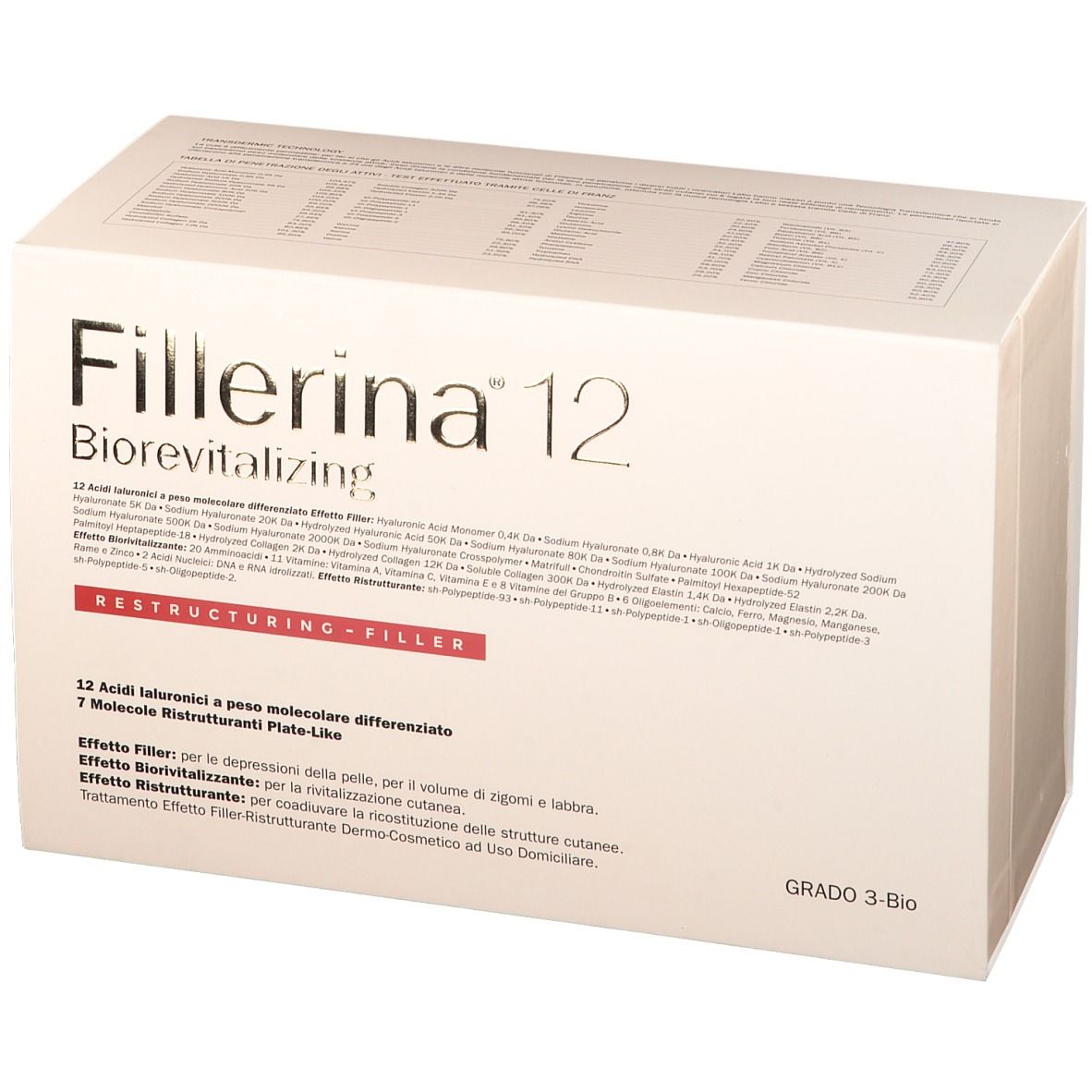 Fillerina 12 Biorevitalizing-Verpackung. Weißer Karton mit Produktinformationen und Logo.