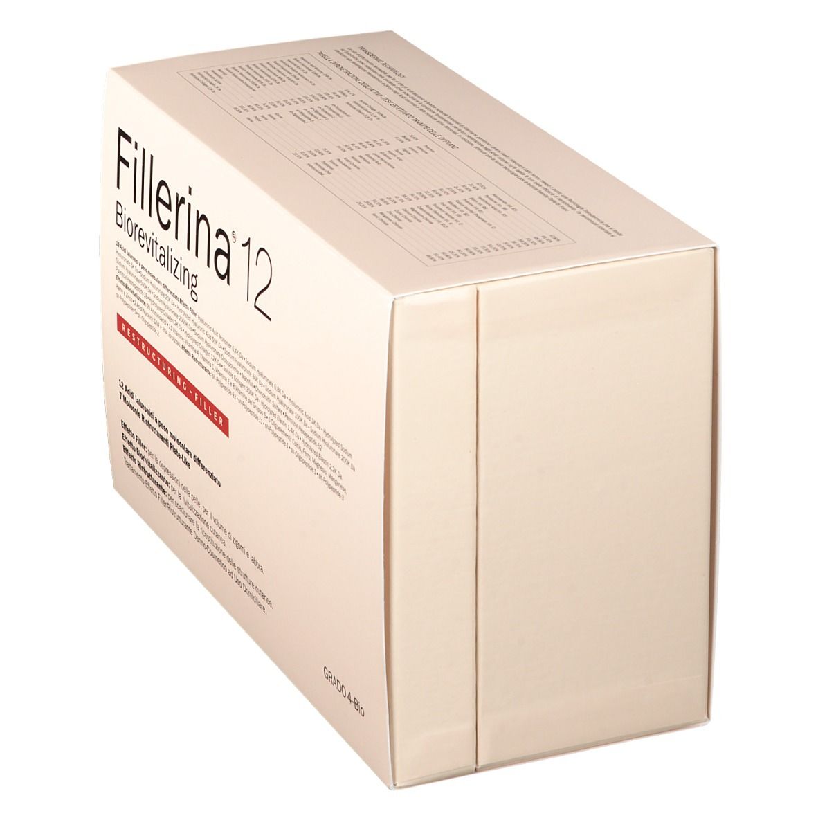 Vue oblique de la boîte Fillerina 12 Biorevitalizing. Carton blanc avec informations sur le produit.