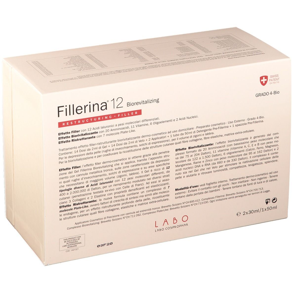 Boîte Fillerina 12 Biorevitalizing. Carton blanc avec informations et croix suisse.