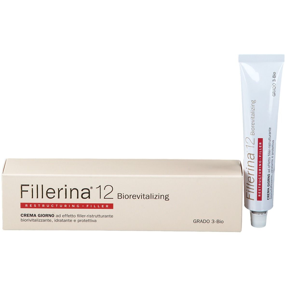 Emballage du produit et tube. Emballage : "Fillerina 12 Biorevitalizing". Tube : crème, blanc, avec nom du produit.