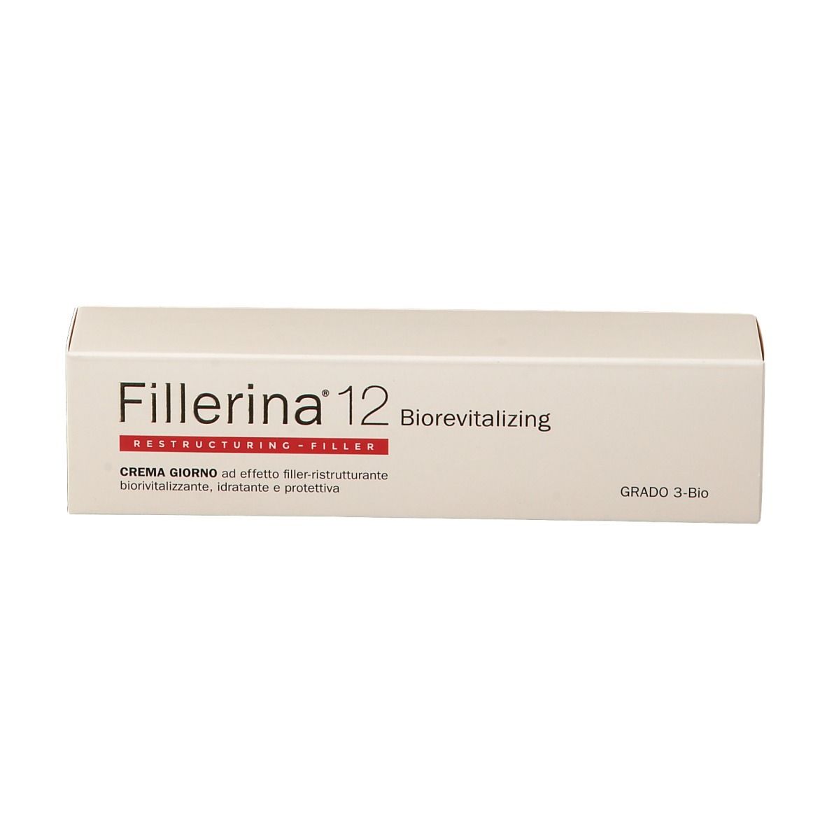 Emballage du produit, rectangulaire, beige. Inscription : "Fillerina 12 Biorevitalizing". Grade 3 Bio.