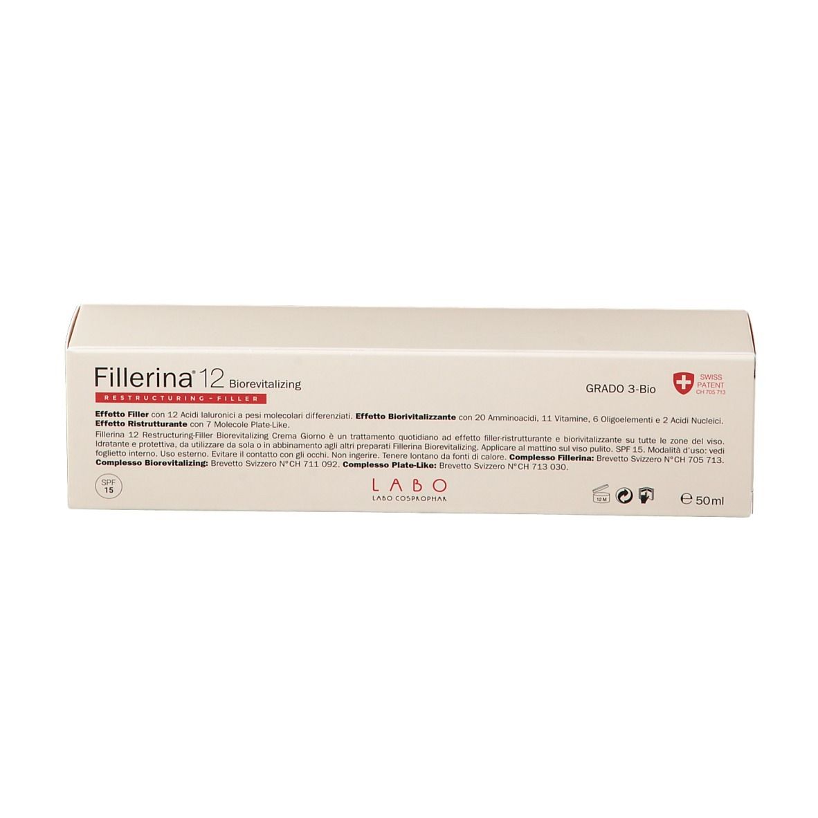 Emballage du produit, rectangulaire, beige. Inscription : "Fillerina 12 Biorevitalizing". Croix suisse. 50ml.