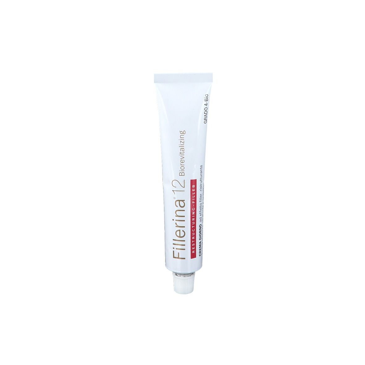 Tube de crème Fillerina 12 Biorevitalizing. Bande rouge avec Restructuring Filler.
