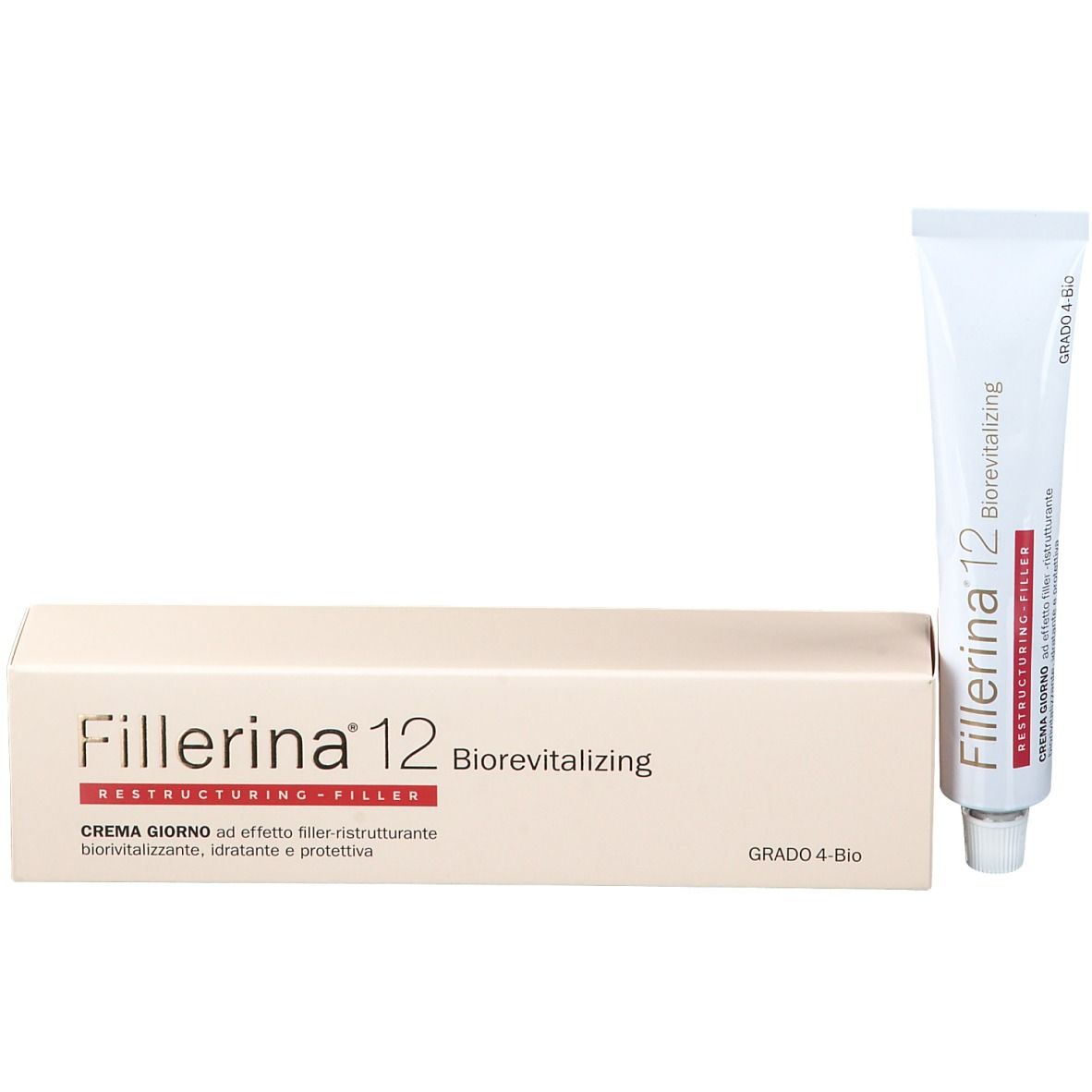 Emballage et tube Fillerina 12 Biorevitalizing. Crème de jour. Grado 4-Bio.