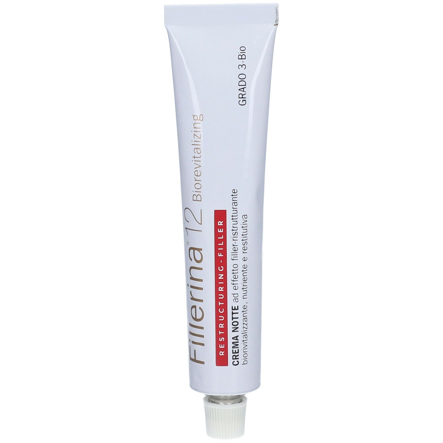 Weiße Tube mit Aufschrift Fillerina 12 Biorevitalizing, Creme Nacht. Grad 3 Bio. Mit Schraubverschluss.