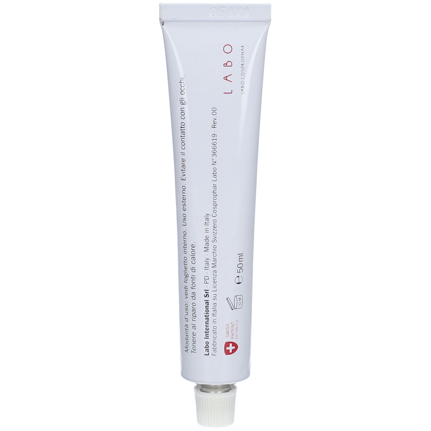 Weiße Tube mit Aufschrift Labo und Fillerina 12. Enthält 50ml. Mit Schraubverschluss. Schweizer Kreuz.