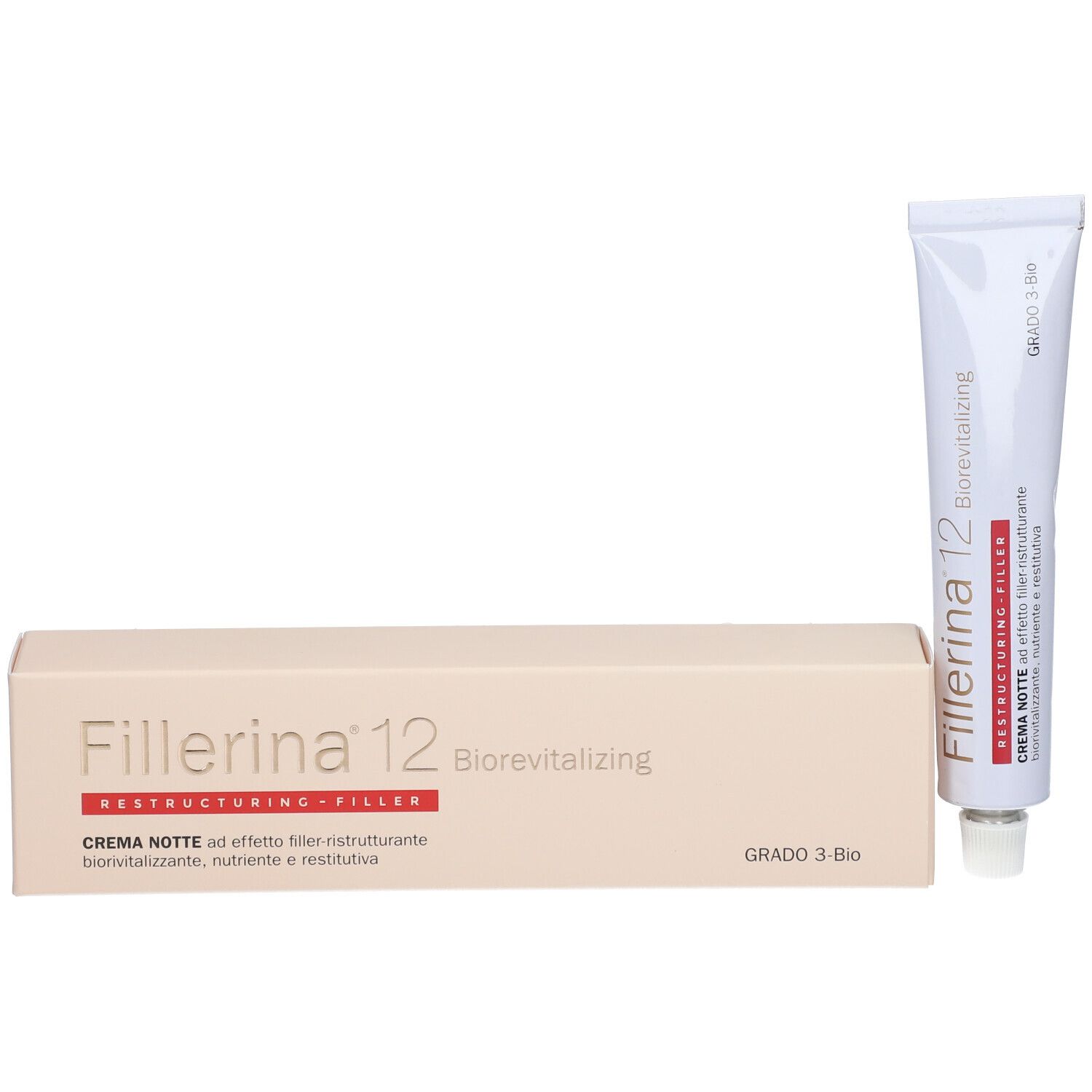Fillerina 12 Biorevitalizing Creme Nacht und Verpackung. Grad 3 Bio. Beige Verpackung mit Produktnamen.