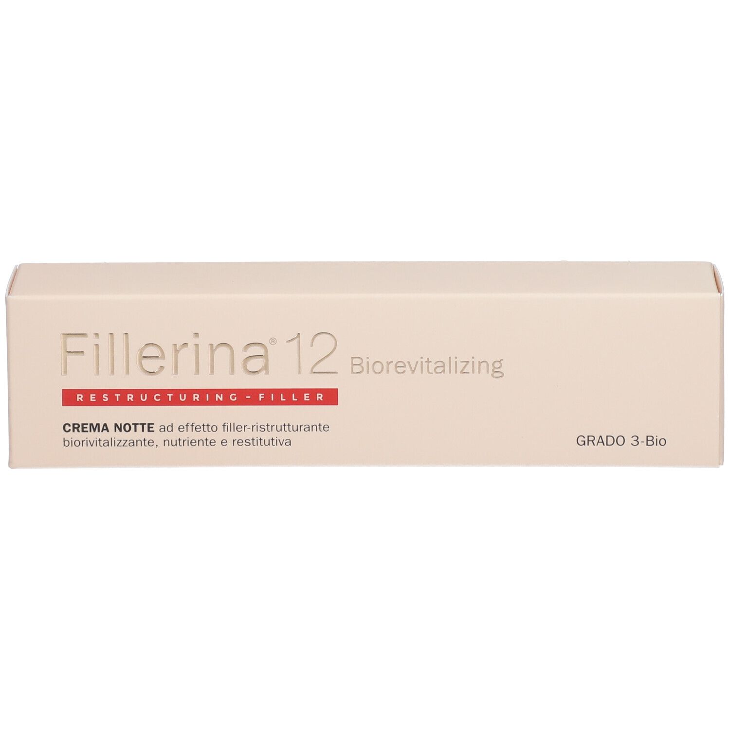 Beige Verpackung mit Aufschrift Fillerina 12 Biorevitalizing Creme Nacht. Grad 3 Bio. Text in mehreren Sprachen.