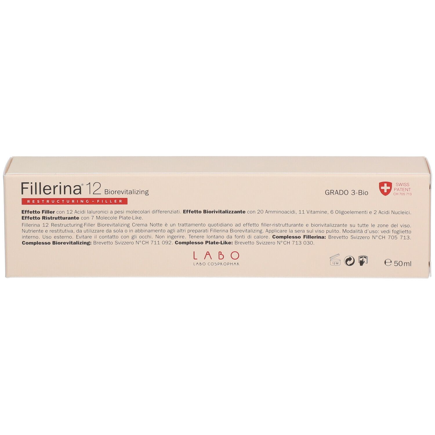Beige Verpackung mit Text Fillerina 12 Biorevitalizing Creme Nacht. Grad 3 Bio. Schweizer Kreuz. 50ml.