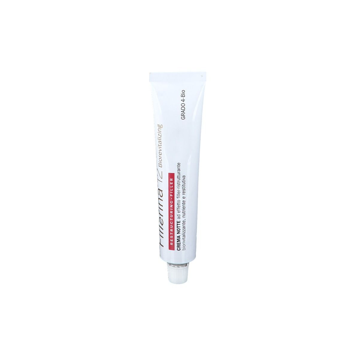 Tube de crème blanche avec texte rouge et bleu. Nom du produit et détails imprimés. Inscription : Fillerina 12 Biorevitalisant.