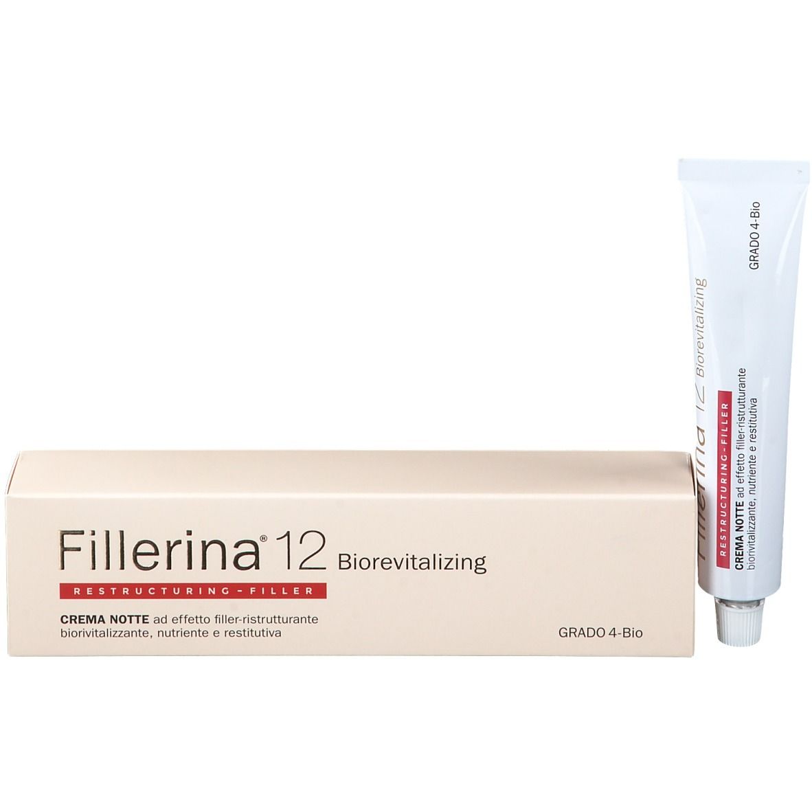 Emballage et tube du produit. Emballage : boîte rectangulaire, beige avec texte rouge. Tube : blanc, avec texte rouge et bleu. Inscription : Fillerina 12.