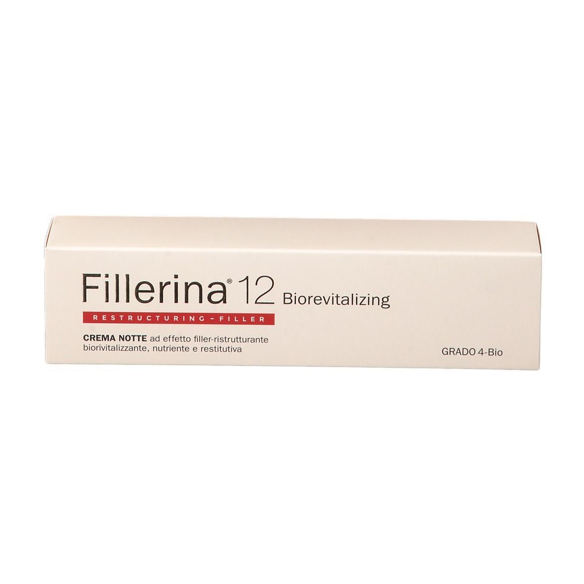 Emballage produit rectangulaire beige. Inscription : Fillerina 12 Biorevitalisant. Autres détails et texte en rouge et noir.