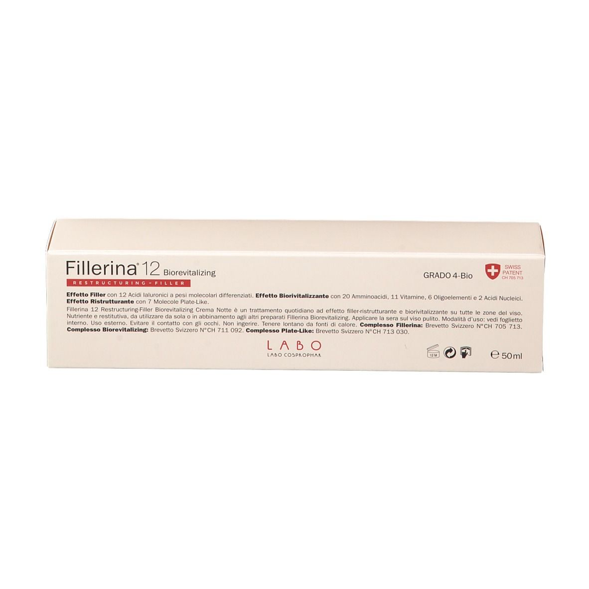 Emballage produit, beige, rectangulaire. Inscription : Fillerina 12 Biorevitalisant. Croix suisse. Détails et texte en noir.