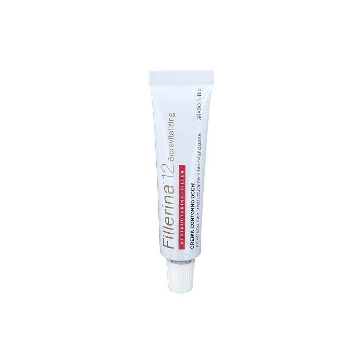 Creme-Tube mit weißem Verschluss. Aufschrift: Fillerina 12 Biorevitalizing, Creme Contorno Occhi, Grad 3 Bio.