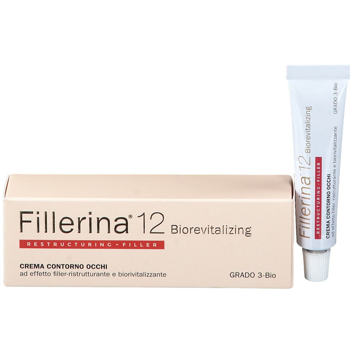 Produktverpackung und Tube. Verpackung: Fillerina 12 Biorevitalizing, Creme Contorno Occhi, Grad 3 Bio. Tube: weiß mit Aufschrift.