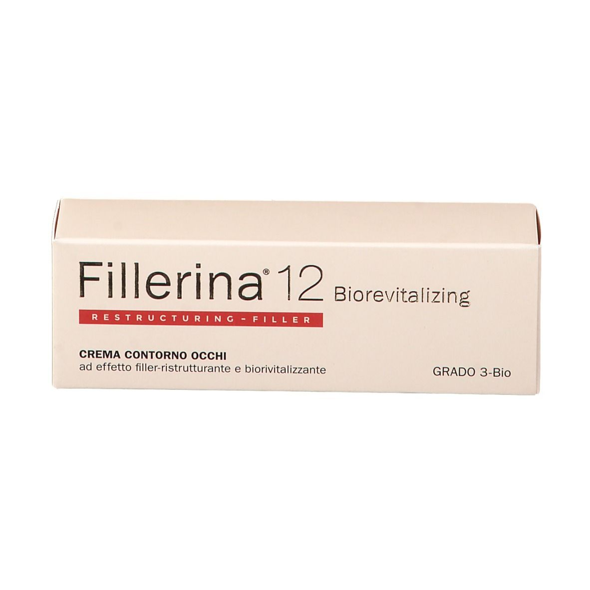 Produktverpackung. Aufschrift: Fillerina 12 Biorevitalizing, Creme Contorno Occhi, Grad 3 Bio.