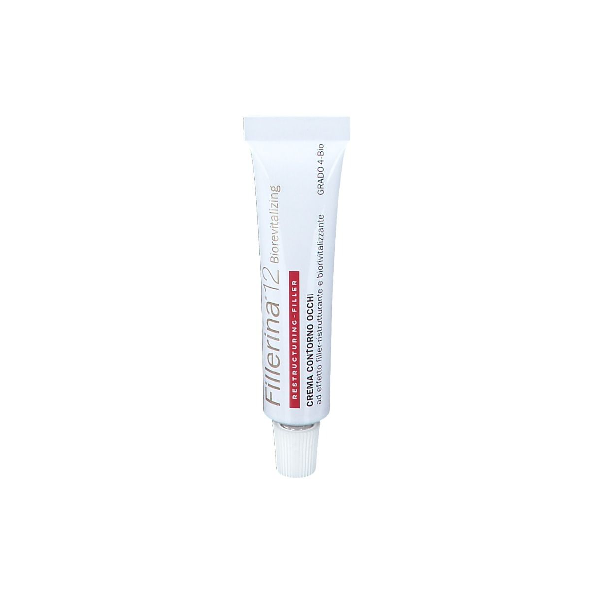 Tube de crème avec bouchon blanc. Inscription : Fillerina 12 Biorevitalizing, Restructuring-Filler, Crème Contorno Occhi, Grado 4-Bio.