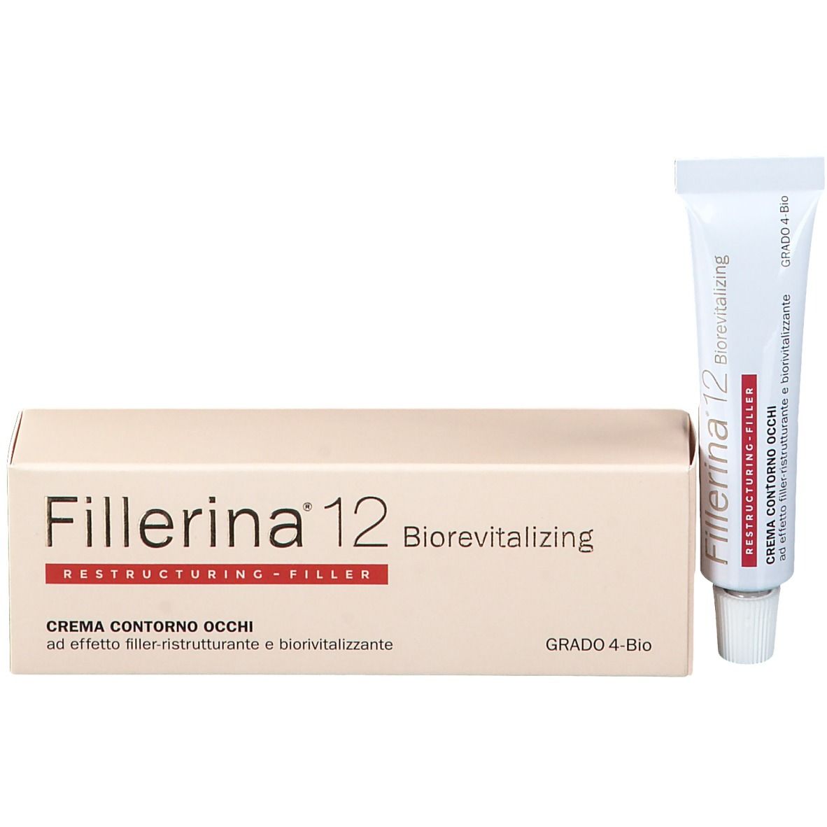 Boîte beige et tube. Inscription : Fillerina 12 Biorevitalizing, Restructuring-Filler, Crème Contorno Occhi, Grado 4-Bio.