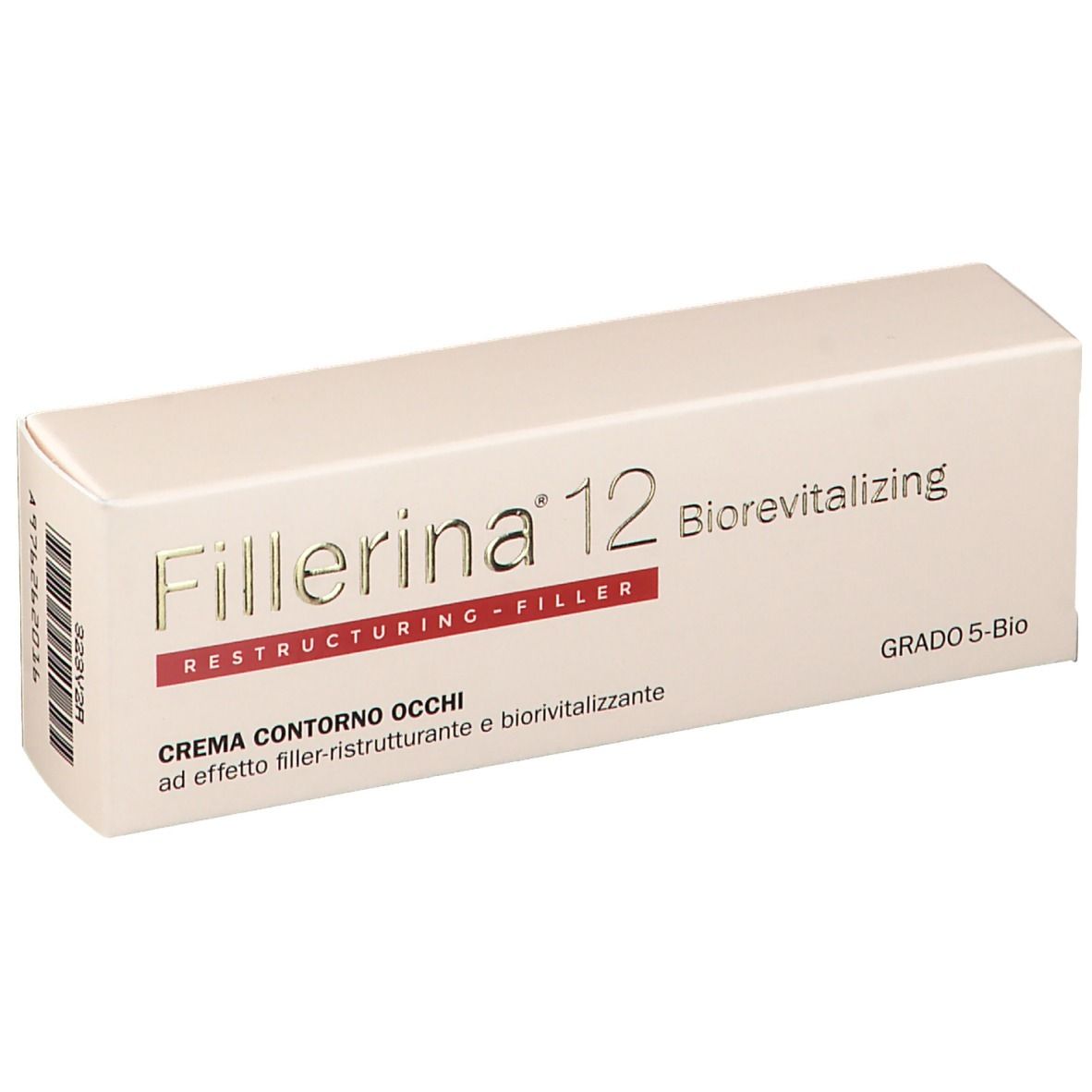 Creme-Verpackung. Weiß mit Schriftzug Fillerina 12, Biorevitalizing, Restructuring-Filler. Text: Crema Contorno Occhi.