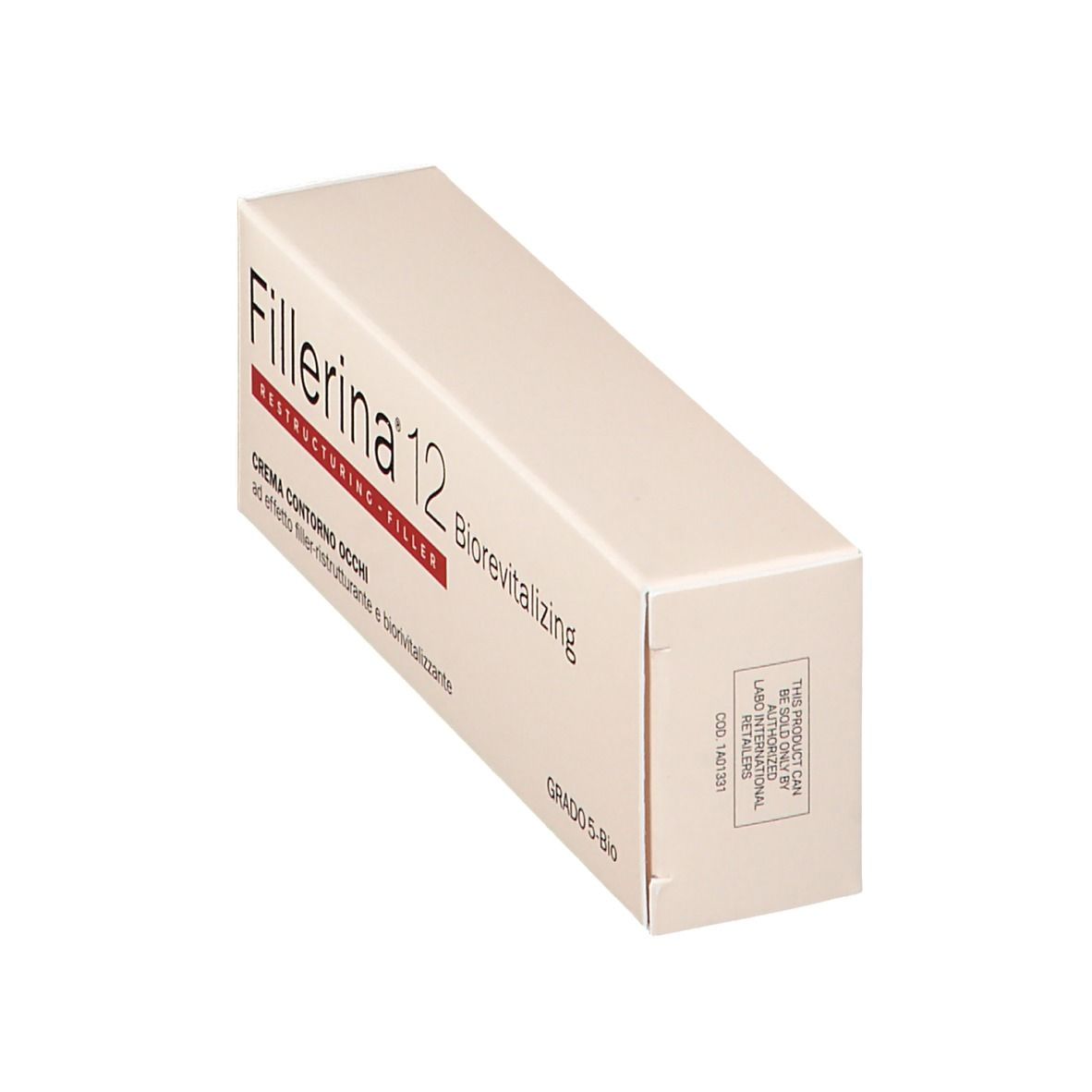 Creme-Verpackung, schräg. Weiß mit Schriftzug Fillerina 12, Biorevitalizing, Restructuring-Filler. Text: Crema Contorno Occhi.