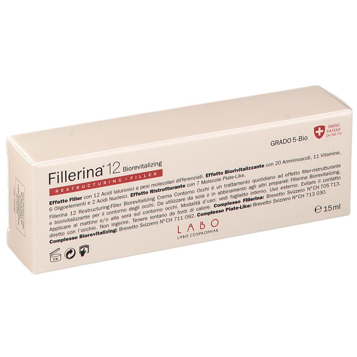 Creme-Verpackung. Weiß mit Text und Swiss Patent. Text: Fillerina 12, Biorevitalizing, Restructuring-Filler. 15ml.