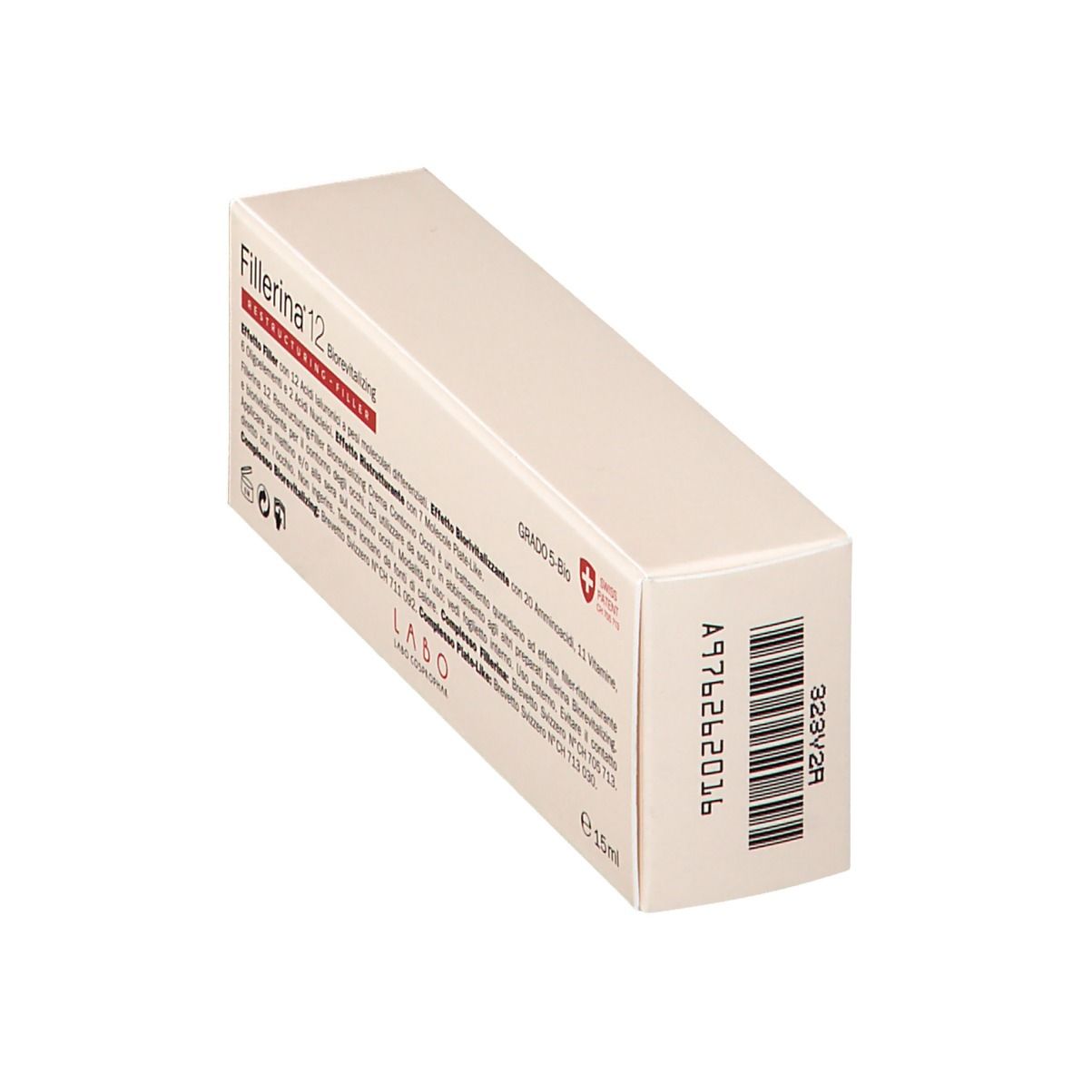 Creme-Verpackung, schräg. Weiß mit Text und Barcode. Text: Fillerina 12, Biorevitalizing, Restructuring-Filler. 15ml.