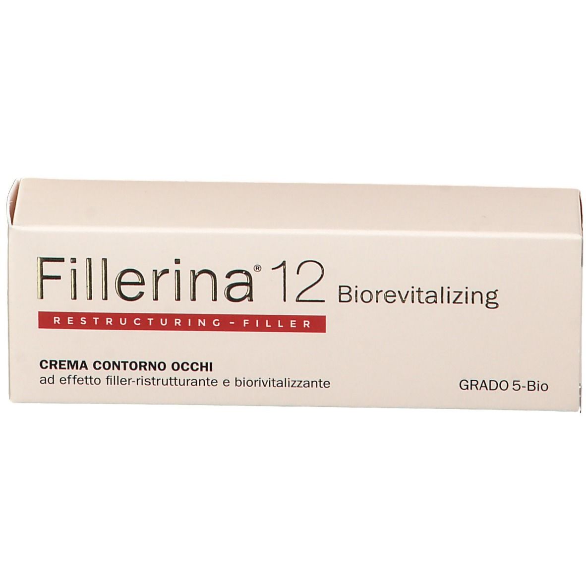 Creme-Verpackung. Weiß mit Schriftzug Fillerina 12, Biorevitalizing, Restructuring-Filler. Text: Crema Contorno Occhi.