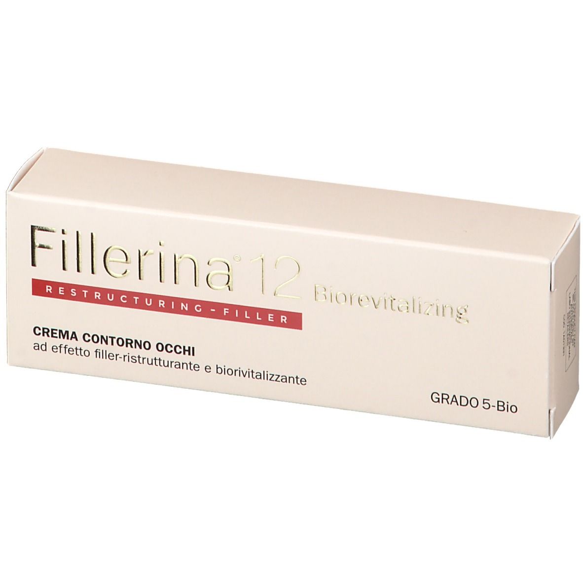 Creme-Verpackung. Weiß mit Schriftzug Fillerina 12, Biorevitalizing, Restructuring-Filler. Text: Crema Contorno Occhi.