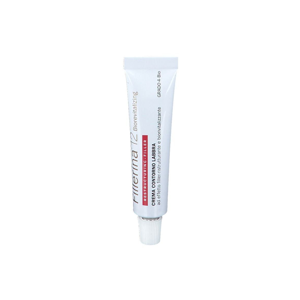 Creme-Tube, weiß, mit Produktnamen und Text. Aufschrift: Fillerina 12 Biorevitalizing, Restructuring-Filler. Grad 4 Bio.