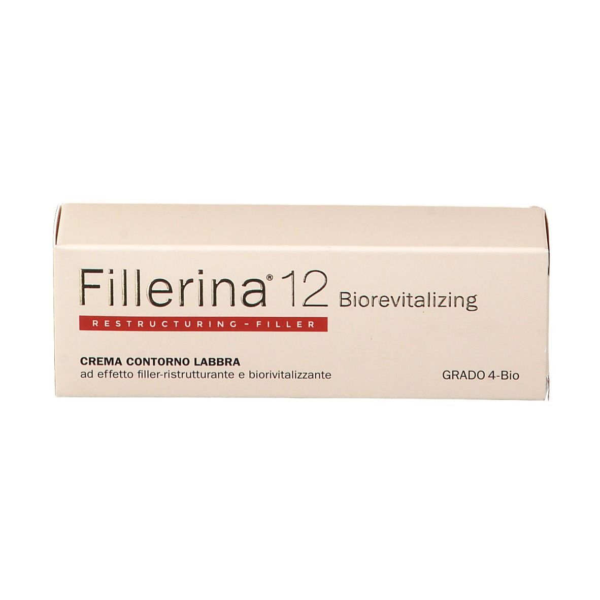 Kartonverpackung mit Produktnamen und Text. Fillerina 12 Biorevitalizing, Restructuring-Filler. Grad 4 Bio.