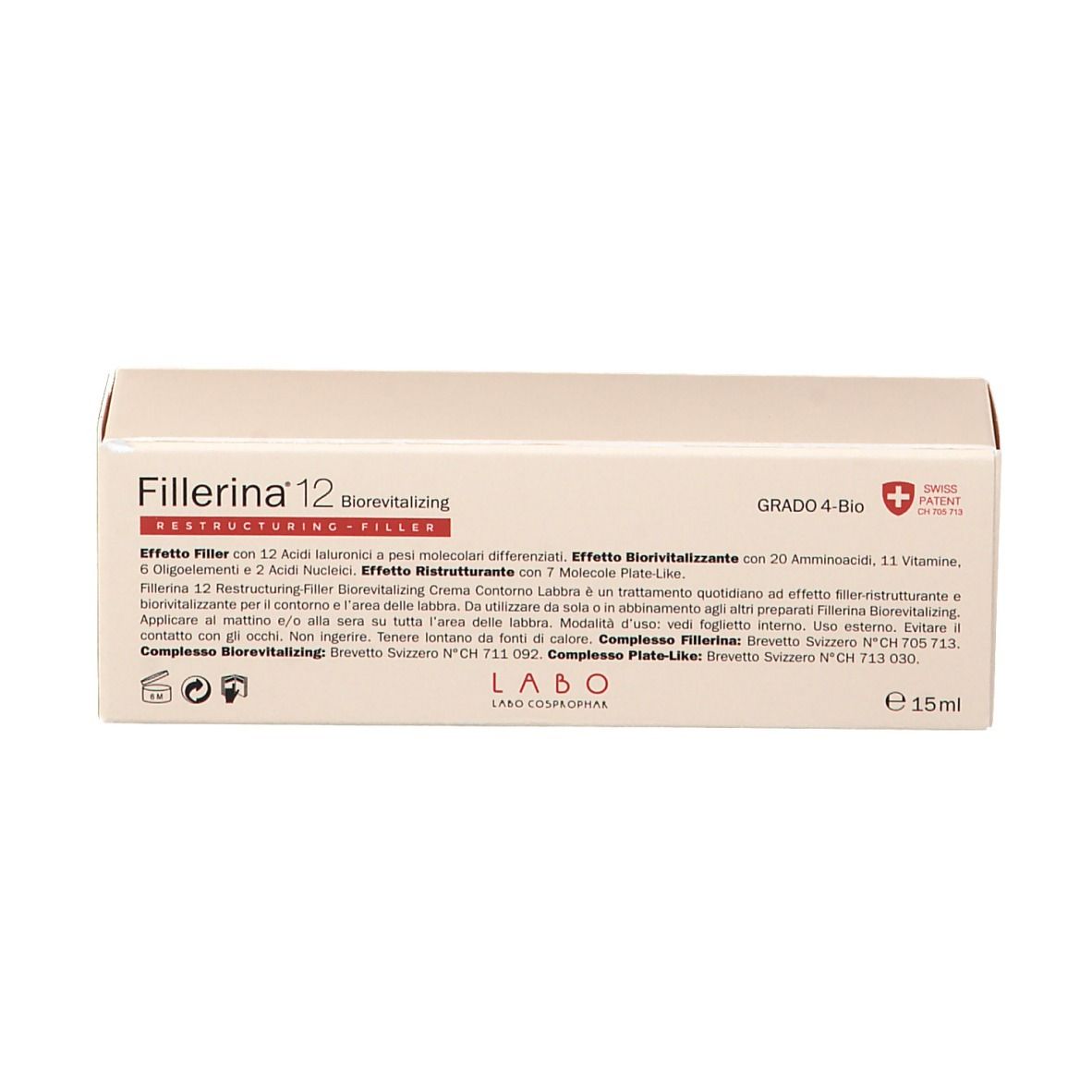 Kartonverpackung, Text auf der Oberseite. Fillerina 12 Biorevitalizing, Grad 4 Bio. Swiss Made. 15ml.